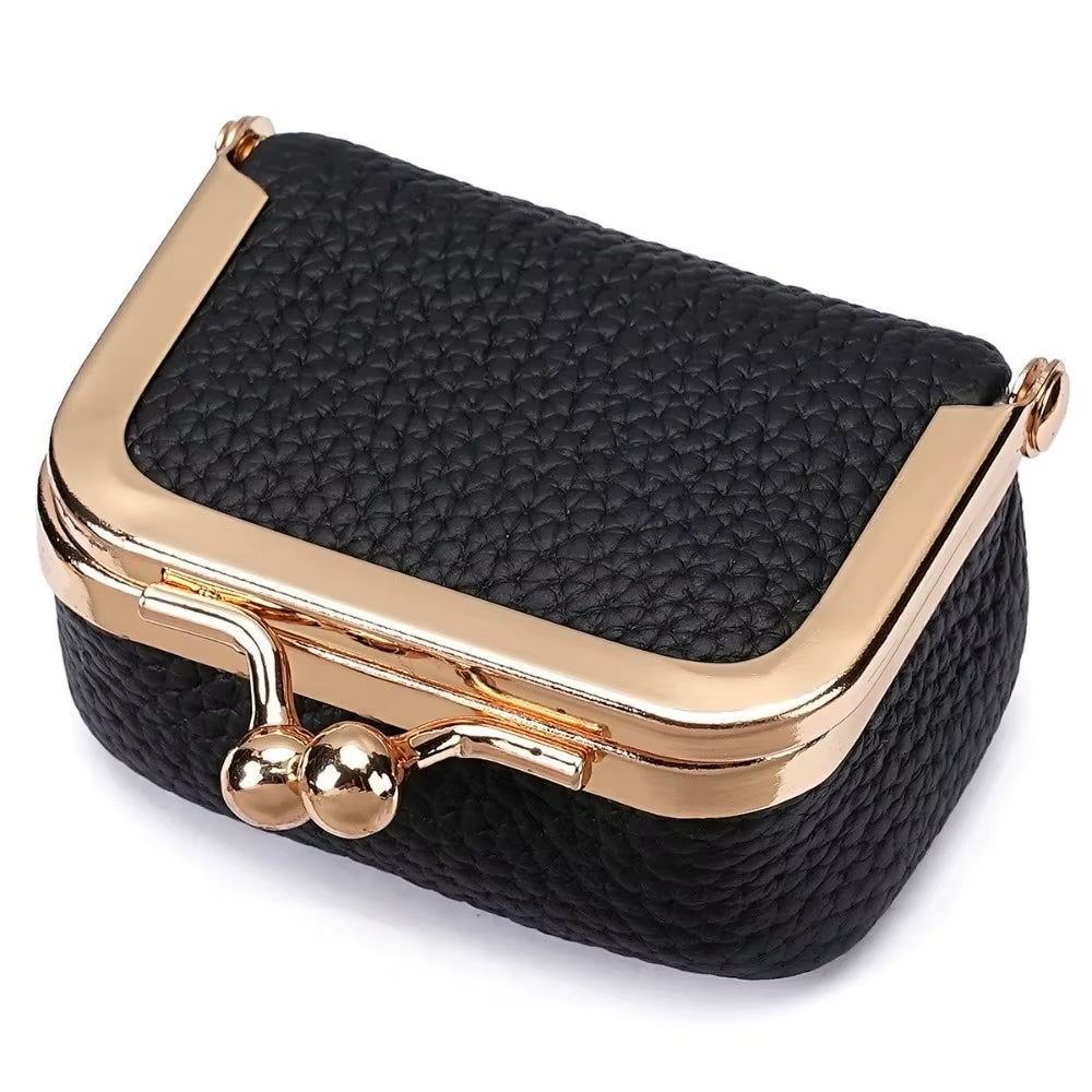 Wallet Genuine Leather Kiss Lock Coin Purse Solid Color Square Leather Jewelry Bag Multifunctional Mini Small Item Bag Earrings