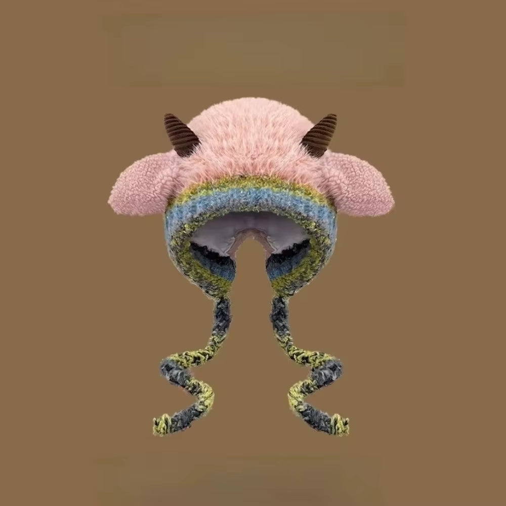 Cute Thick Plush Knitted Hat Girls Winter Warm Ear Protection Beanies Hat Women Comfortable Horn Pullover Hats
