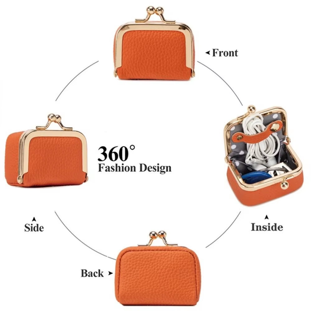 Wallet Genuine Leather Kiss Lock Coin Purse Solid Color Square Leather Jewelry Bag Multifunctional Mini Small Item Bag Earrings