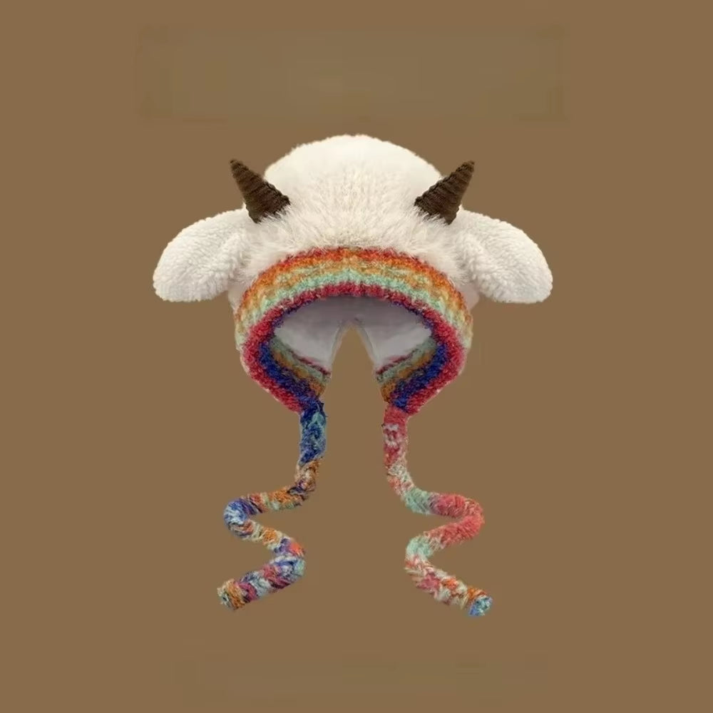 Cute Thick Plush Knitted Hat Girls Winter Warm Ear Protection Beanies Hat Women Comfortable Horn Pullover Hats