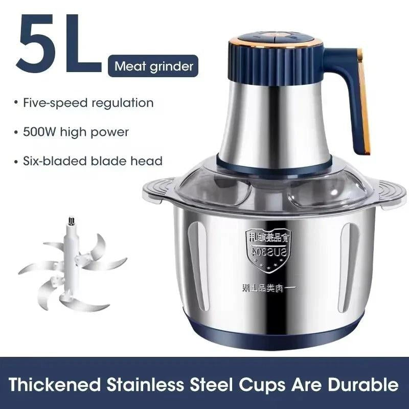5L Electric Meat Grinder Food Processor Fruits Blender Veg Chopper Sausage Maker for Dough Stirring, Onion, Meat, Nuts, Fruits, Garlic, Vegetables