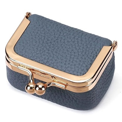 Wallet Genuine Leather Kiss Lock Coin Purse Solid Color Square Leather Jewelry Bag Multifunctional Mini Small Item Bag Earrings