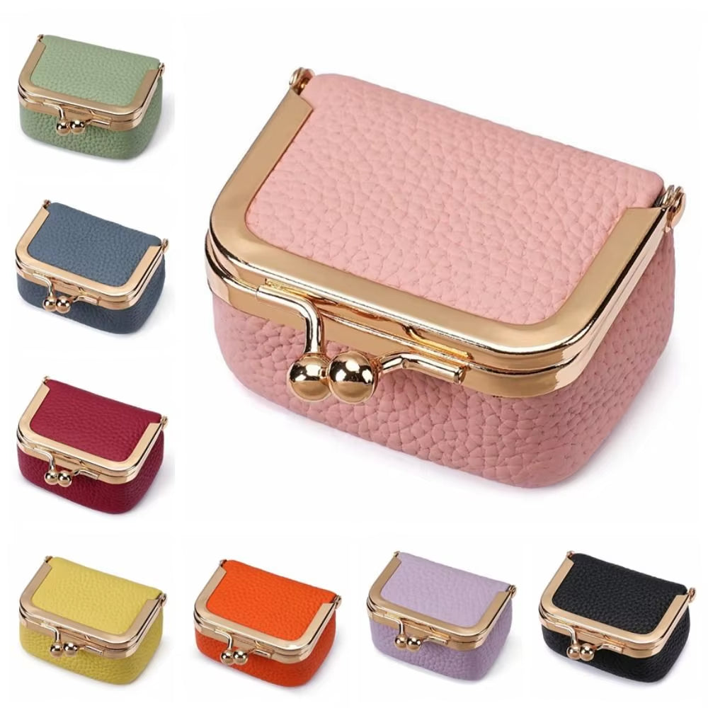 Wallet Genuine Leather Kiss Lock Coin Purse Solid Color Square Leather Jewelry Bag Multifunctional Mini Small Item Bag Earrings