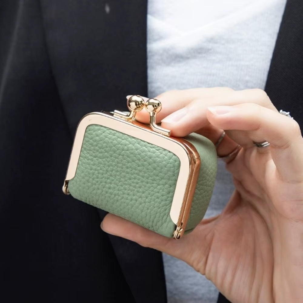Wallet Genuine Leather Kiss Lock Coin Purse Solid Color Square Leather Jewelry Bag Multifunctional Mini Small Item Bag Earrings