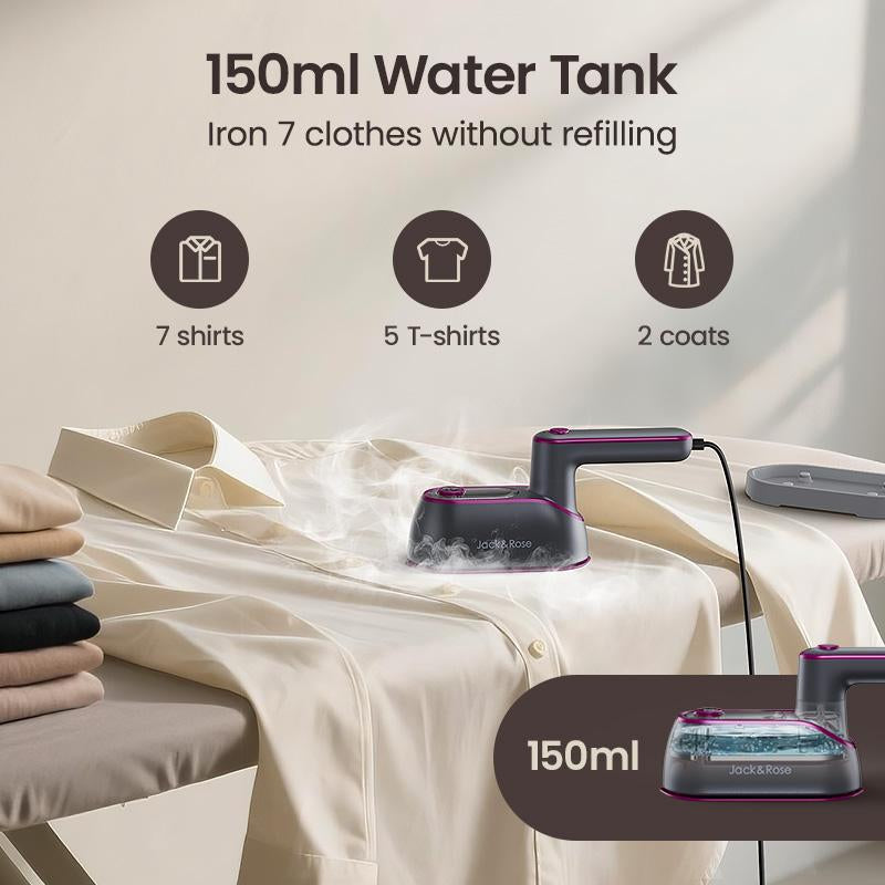 Jack&Rose 2-In-1 Steam Iron & Clothes Steamer - Handheld Portable Garment Wrinkle Remover, Fast Heat-Up, Large Soleplate, 150Ml Water Tank - Lightweight for Home, Travel, and Office Use