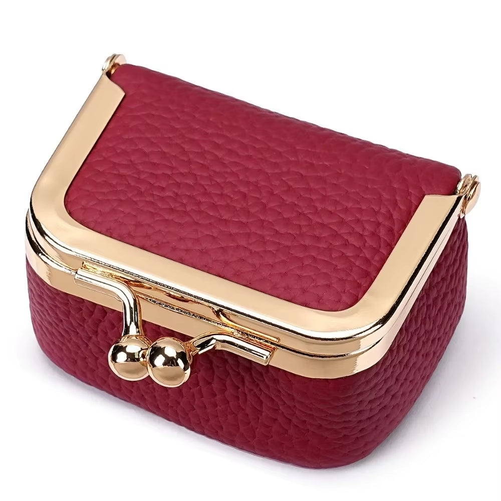 Wallet Genuine Leather Kiss Lock Coin Purse Solid Color Square Leather Jewelry Bag Multifunctional Mini Small Item Bag Earrings
