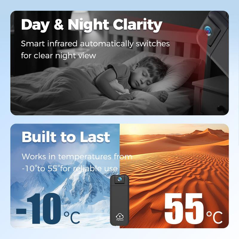 Flycloud Seven 1080P 16G 120° Wide Angle Mini Pocket Camera with Smart Infrared, Built-In APP, 1900Mah Battery, 2.4Ghz Wifi & Bluetooth, AI Motion Detection for Pets, Sports, Work, Outdoor, Indoor Life Growth Recording Holiday Haul