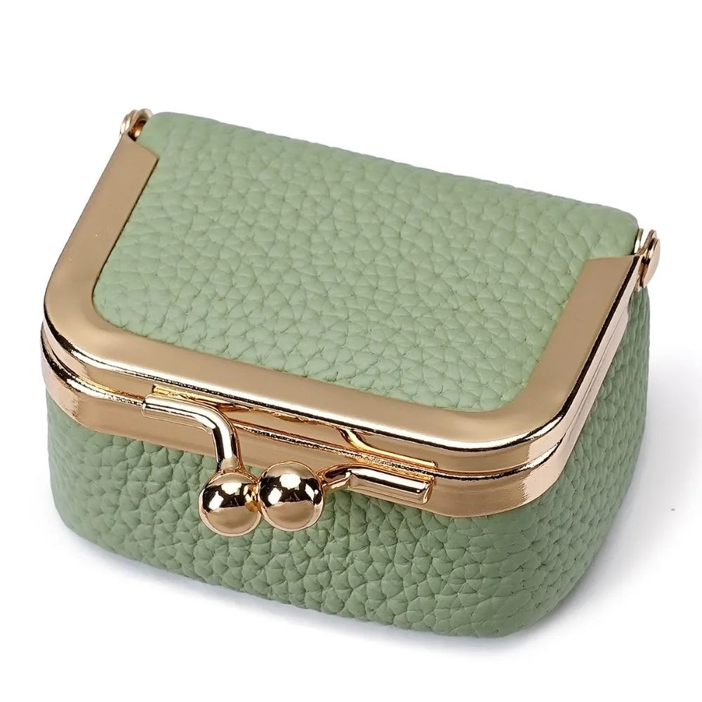 Wallet Genuine Leather Kiss Lock Coin Purse Solid Color Square Leather Jewelry Bag Multifunctional Mini Small Item Bag Earrings