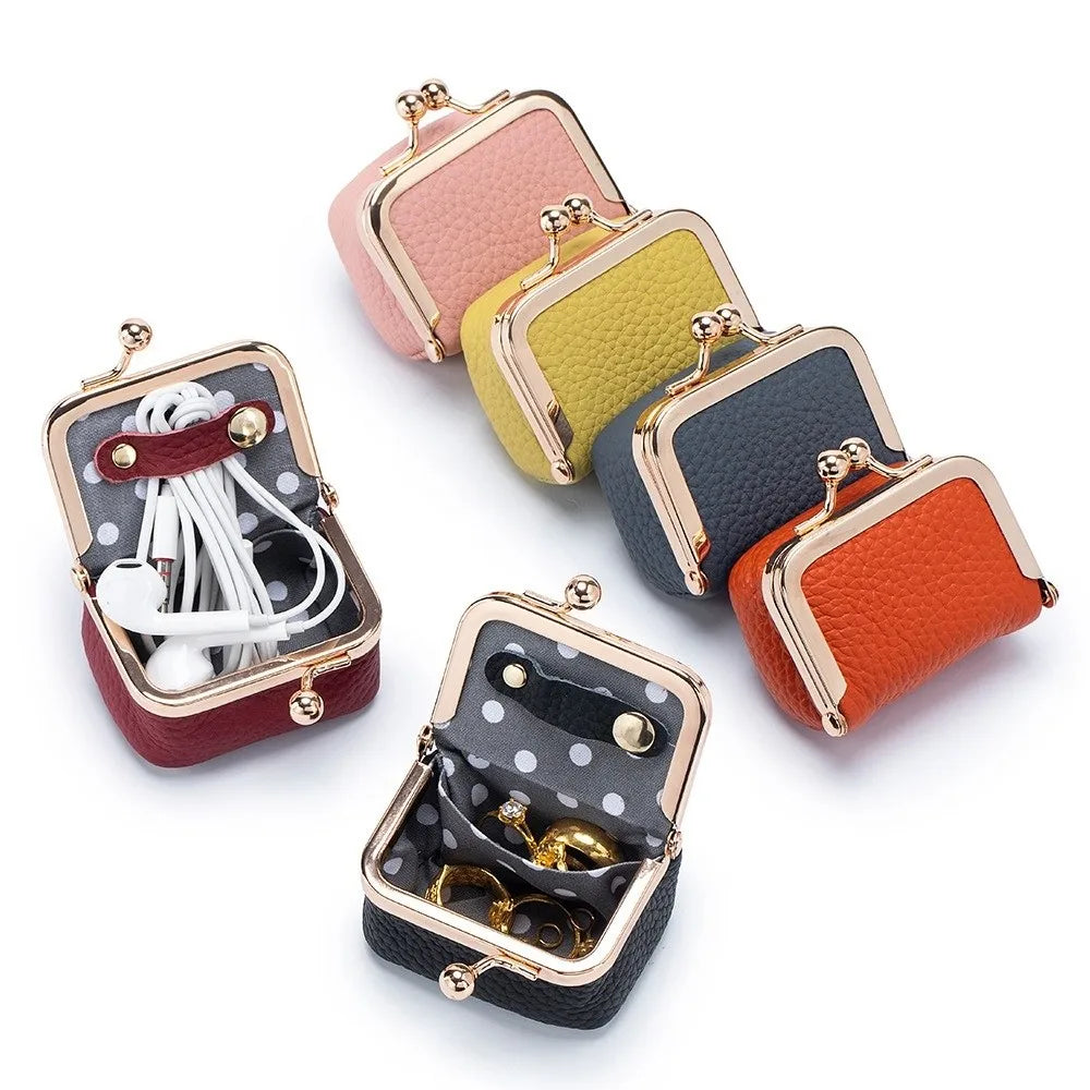 Wallet Genuine Leather Kiss Lock Coin Purse Solid Color Square Leather Jewelry Bag Multifunctional Mini Small Item Bag Earrings