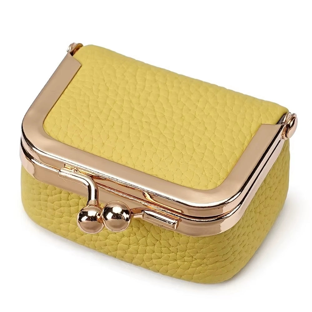 Wallet Genuine Leather Kiss Lock Coin Purse Solid Color Square Leather Jewelry Bag Multifunctional Mini Small Item Bag Earrings