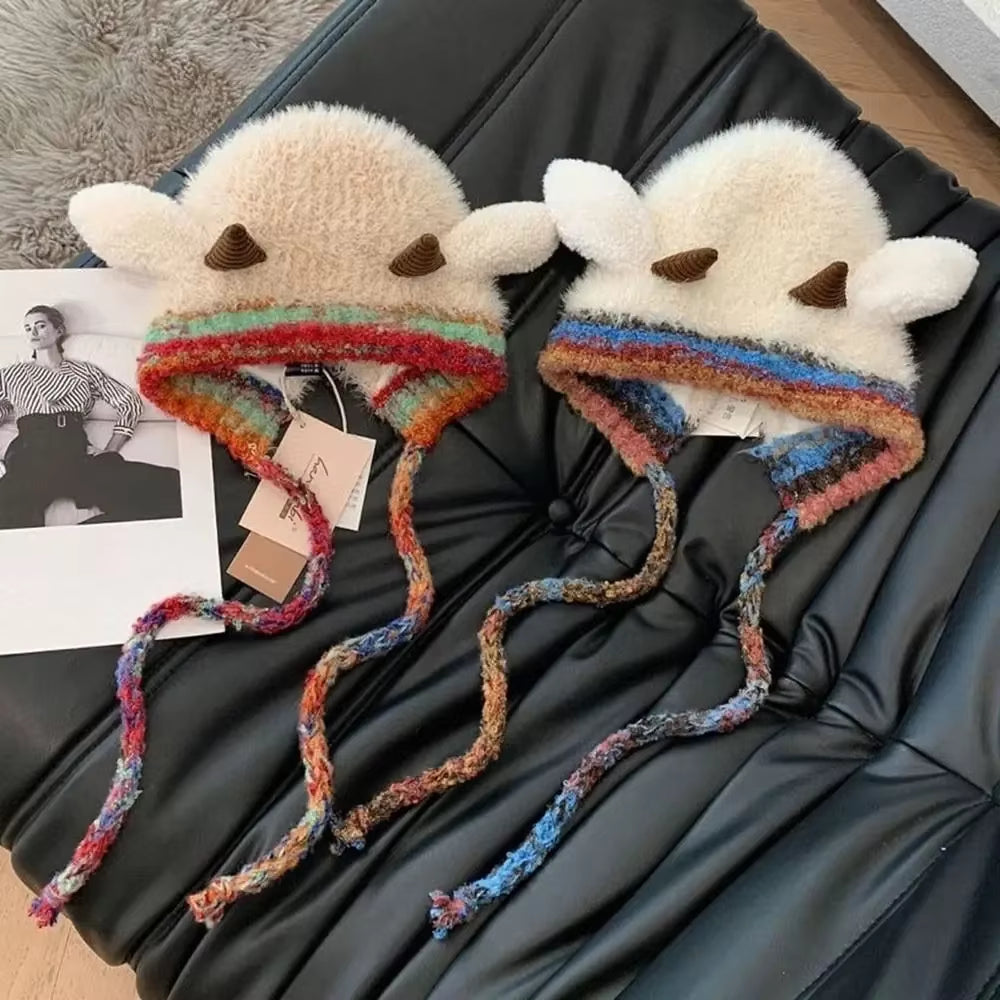 Cute Thick Plush Knitted Hat Girls Winter Warm Ear Protection Beanies Hat Women Comfortable Horn Pullover Hats